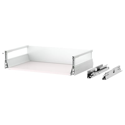 MAXIMERA white drawer system, with steel runners, epoxy-coated steel parts, and wooden bottom. Self-closing mechanism.