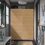 MEHAMN wardrobe, light brown sliding doors, aluminium & fiberboard, tall, minimalist, corner fit.