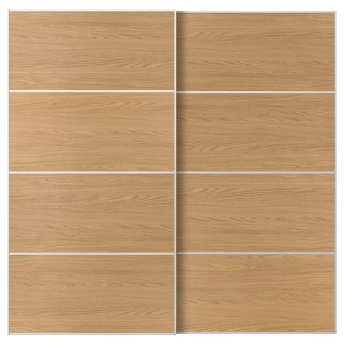 MEHAMN Pair of sliding doors, white/double sided oak effect, 78 3/4x79 1/8 "