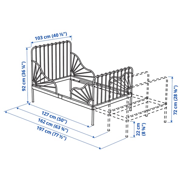 MINNEN Extendable bed frame, gray-blue, 38 1/4x74 3/4 "