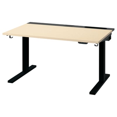 Slim sit-stand desk MITTZON, featuring light wood top, black legs, and minimalist design. Adjustable height with dual motors for ergonomic comfort.