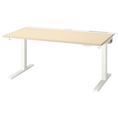MITTZON desk: minimalist, light wooden tabletop, white legs, sit/stand feature.
