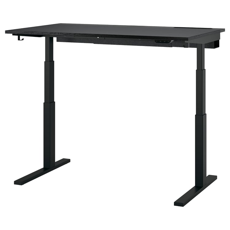 Black adjustable height desk with metal legs and control panel, suitable for sit/stand workstations.