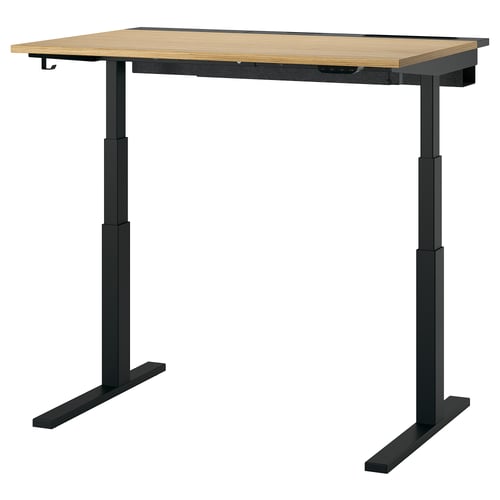 MITTZON sit/stand desk, black metal base, oak top, adjustable height.