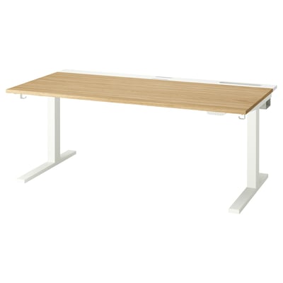 Main MITTZON desk, light wood top, white legs, adjustable height, modern design.