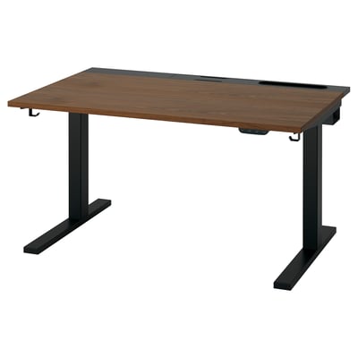 MITTZON adjustable desk, walnut-brown top, black legs, ergonomic, dual motors.