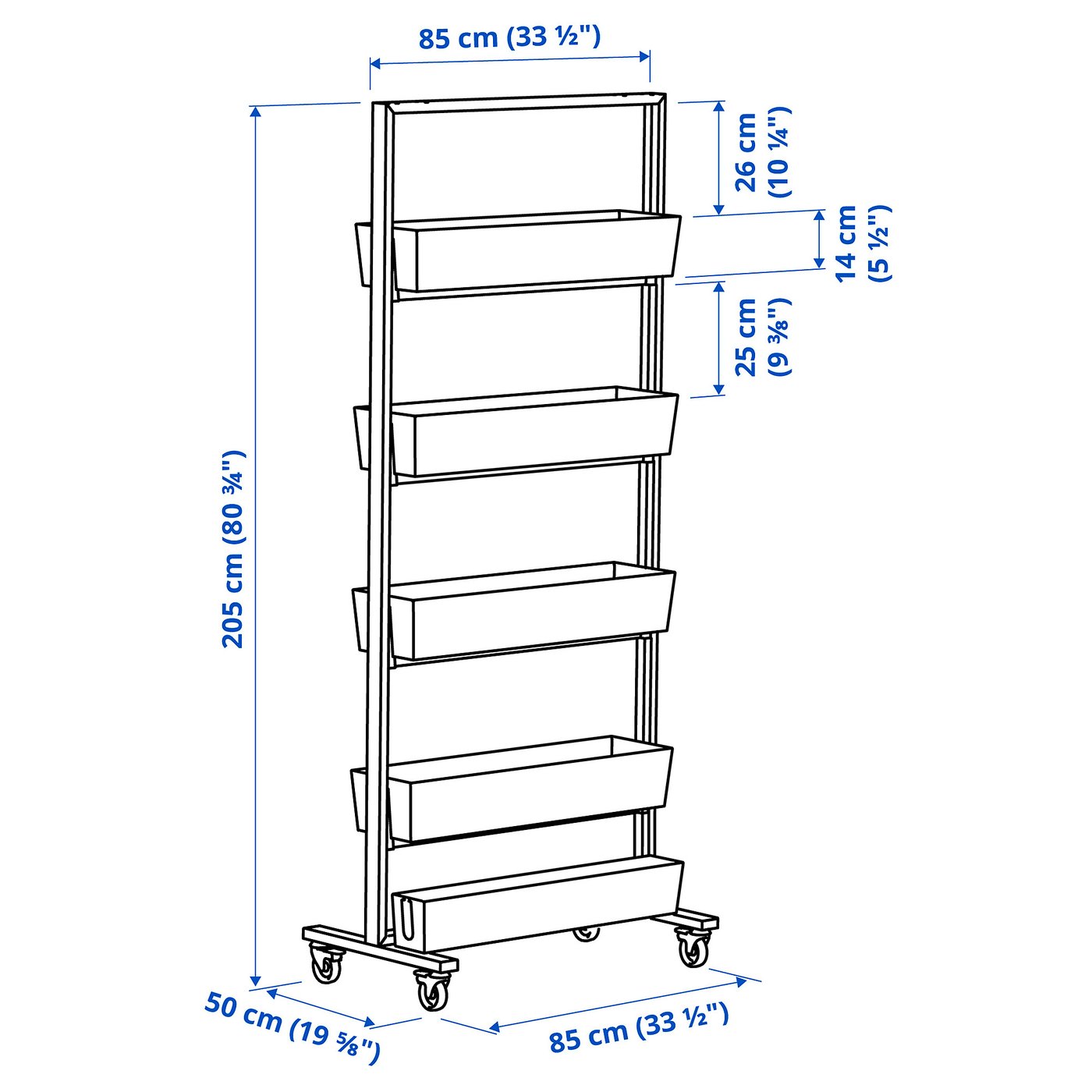 MITTZON frame w castors/container/cable box, white, 331/2x803/4