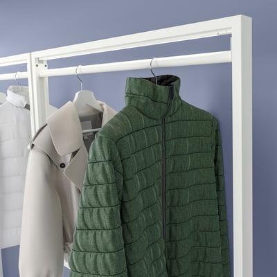 MITTZON clothed rack displays green jacket, grey coat, and white shirt on hangers, ideal for organising outerwear.