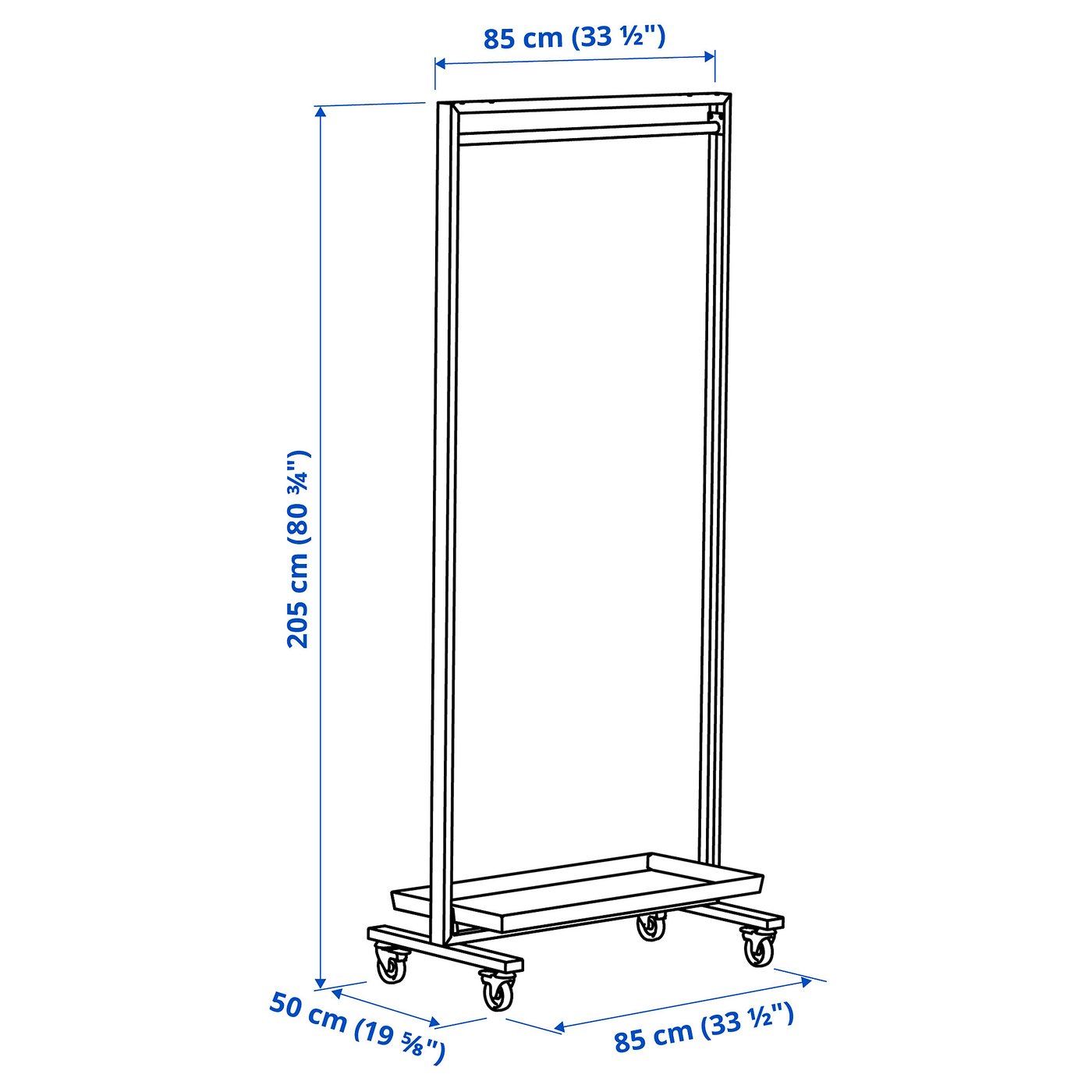 MITTZON frame w cstrs/clths rail/disp shlf, white, 331/2x803/4