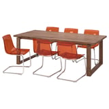 MÖRBYLÅNGA / TOBIAS Table and 6 chairs, oak veneer brown stained/brown-red chrome plated, 86 5/8x39 3/8 "