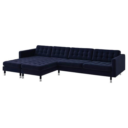 Large blue velvet sectional sofa, low back, chrome legs, l-shaped.