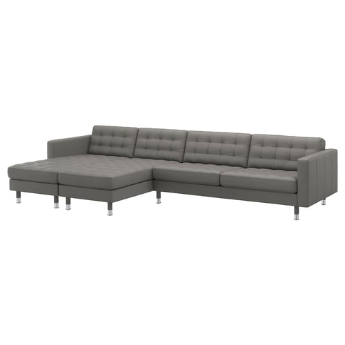 MORABO grey leather sectional sofa with chrome legs, tufted cushions, modern design.