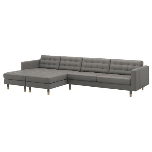 This image shows a grey MORABO leather sectional sofa with tufted cushions and wooden legs.