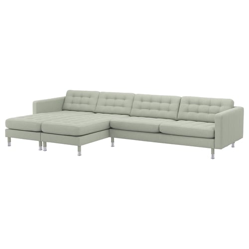 MORABO light green sofa, modern design, tufted cushions, steel legs.