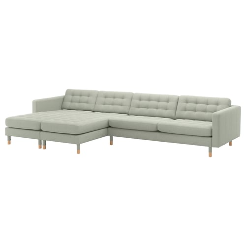 Modern l-shaped MORABO sofa, light grey, tufted, wood legs.