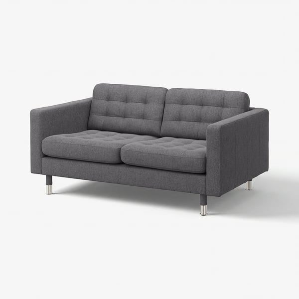 Modern grey sofa, MORABO, with chrome legs, tufted back, clean lines.