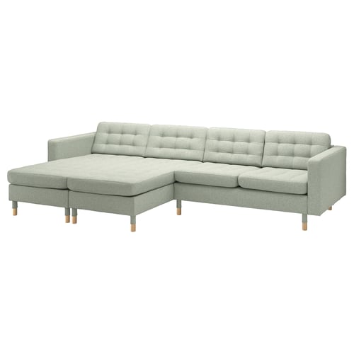 MORABO light grey l-shaped sofa, modern design, wooden legs, tufted cushions.