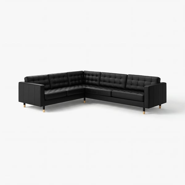 Black MORABO corner sofa, modern l-shape, tufted leather, wooden legs.
