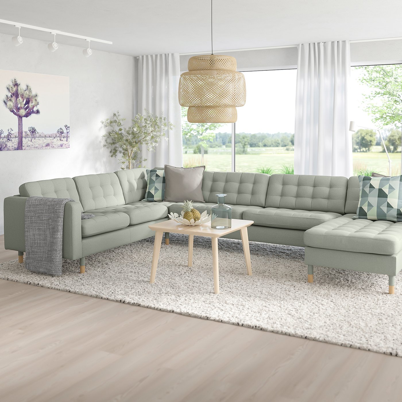 MORABO sectional 6-seat crn/chaise, Gunnared light green/wood - IKEA