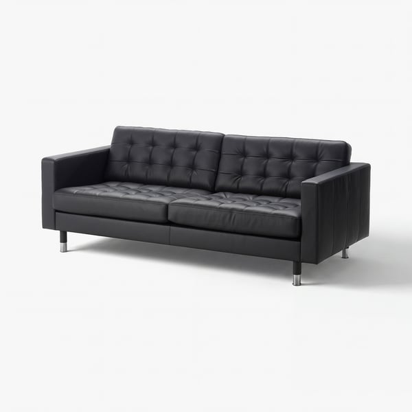 MORABO black leather sofa: smooth grain leather, chrome legs, tufted cushions, modern design.