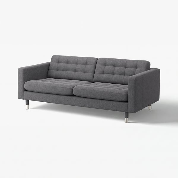 Modern grey sofa, MORABO. Upholstered in recycled polyester, it has chrome legs, tufted cushions, and a sleek mid-century design.