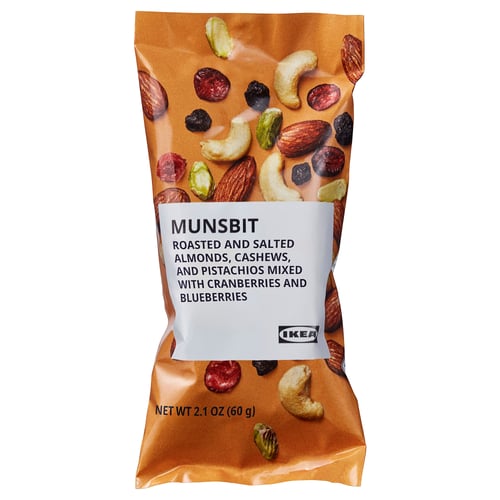 Bag of MUNSBIT nuts and dried fruits, featuring almonds, cashews, pistachios, cranberries, and blueberries, labelled by IKEA.