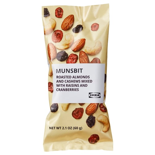 Package of IKEA MUNSBIT, a mix of roasted almonds, cashews, raisins, and cranberries, 2. 1 oz.