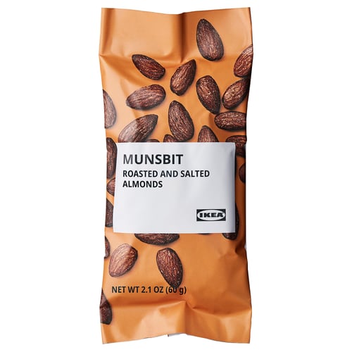 Package of IKEA roasted and salted almonds, labelled MUNSBIT.