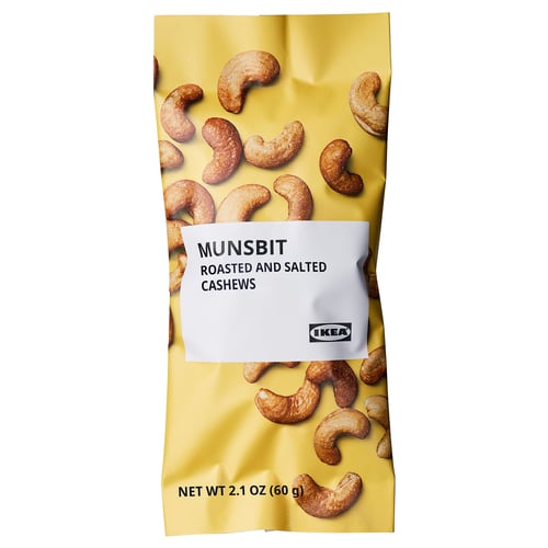 IKEA MUNSBIT bag: roasted, salted cashews, 2. 1 oz.