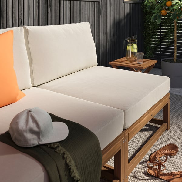 NÄMMARÖ 4-seat mod sofa w chaise, outdoor light brown stained/Frösön/Duvholmen beige, 127 1/2 "