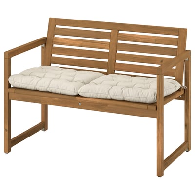 NÄMMARÖ Bench with backrest and cushions, light brown stained/Kuddarna light grey-beige