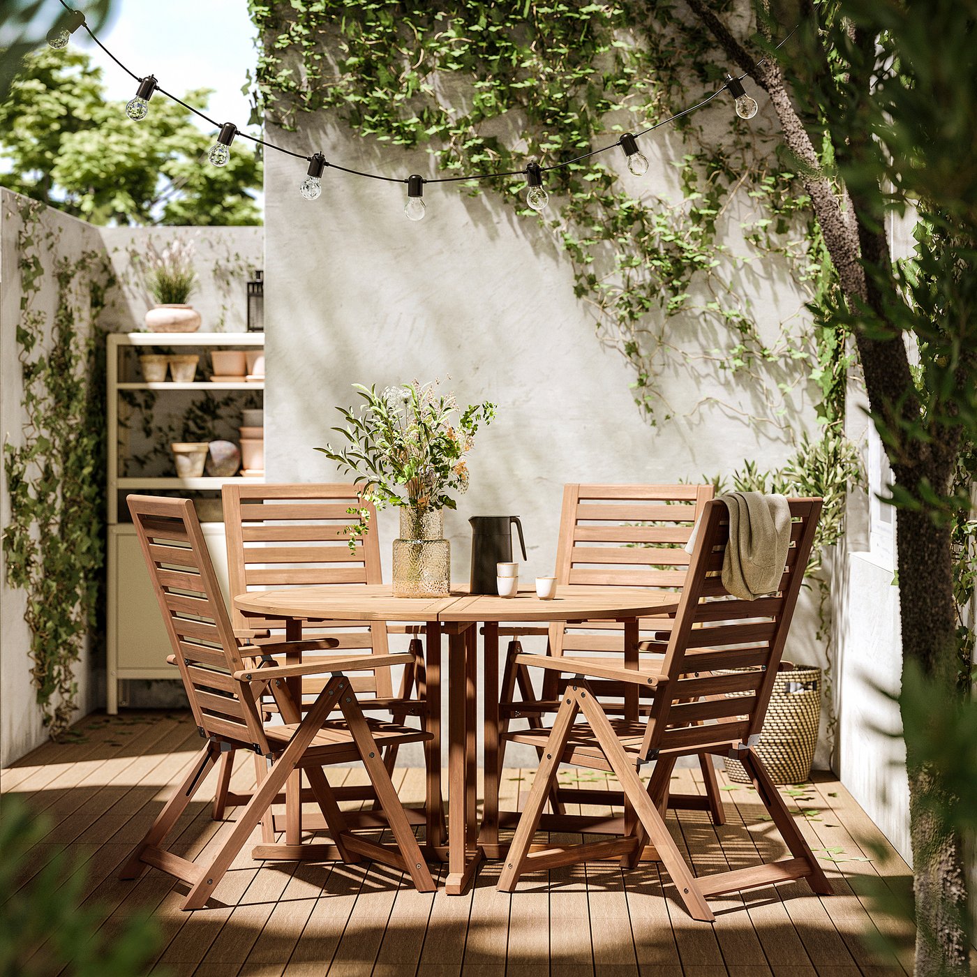 NÄMMARÖ table + 4 reclining chairs, outdoor, light brown stained