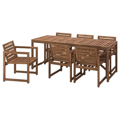 NÄMMARÖ Table+6 armchairs, outdoor, light brown stained, 78 3/4 "