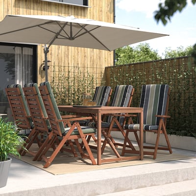 NÄMMARÖ Table + 6 reclining chairs, outdoor, light brown stained/Frösön/Duvholmen stripe pattern, 78 3/4 "