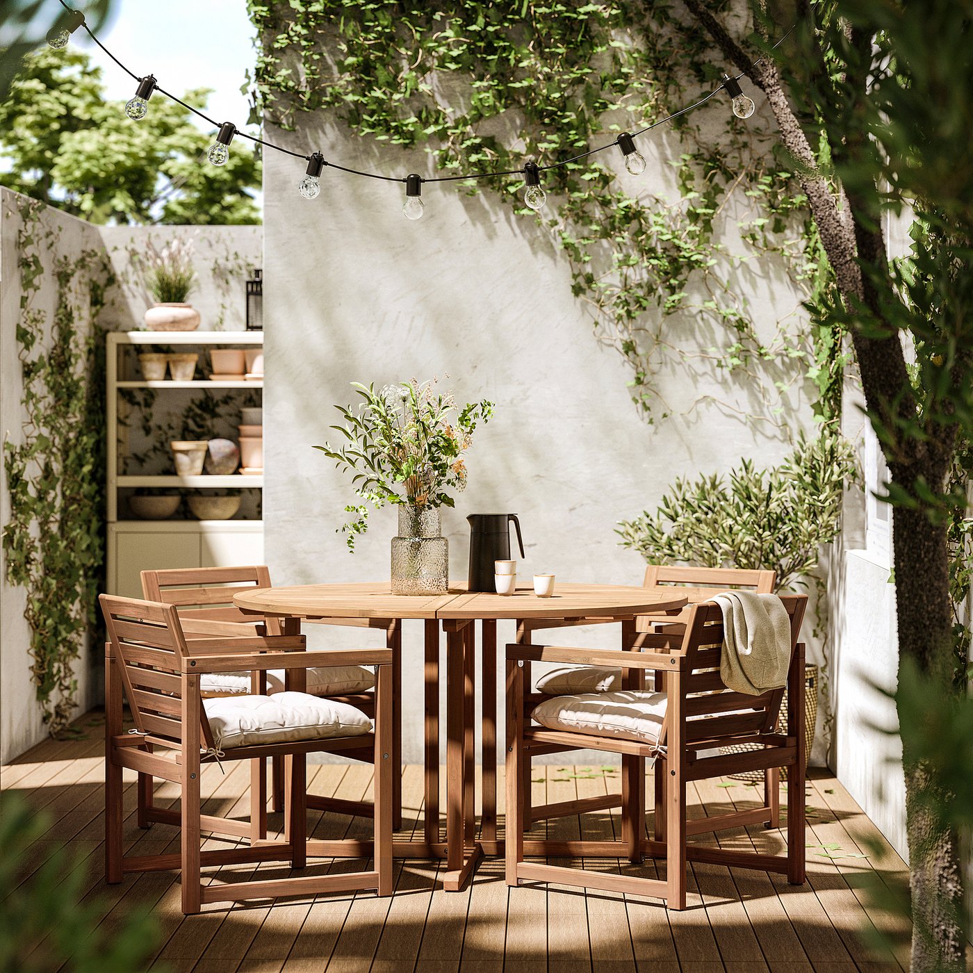 NÄMMARÖ table and 4 armchairs, outdoor, light brown stained