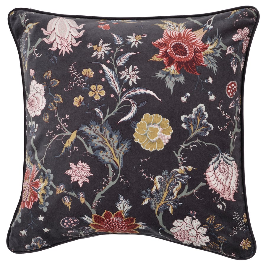 NÄSSELKLOCKA Cushion cover, anthracite/floral pattern, 20x20" IKEA