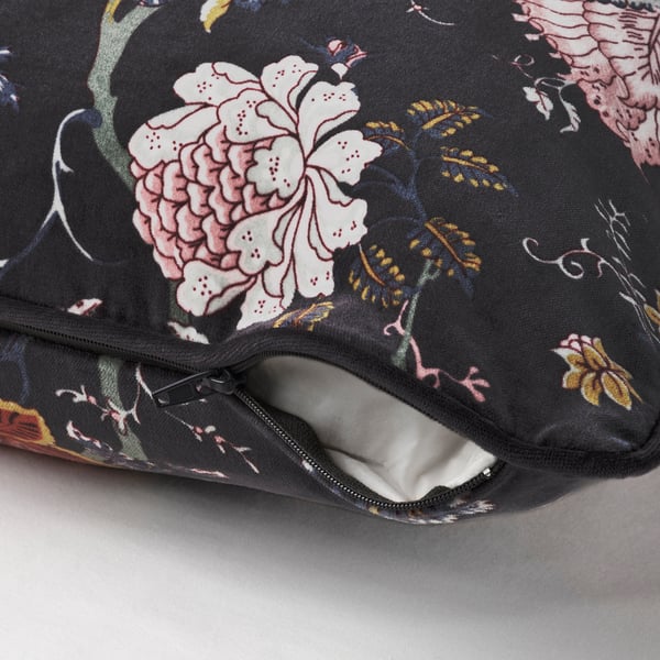 NÄSSELKLOCKA Cushion cover, anthracite/floral pattern, 20x20" IKEA