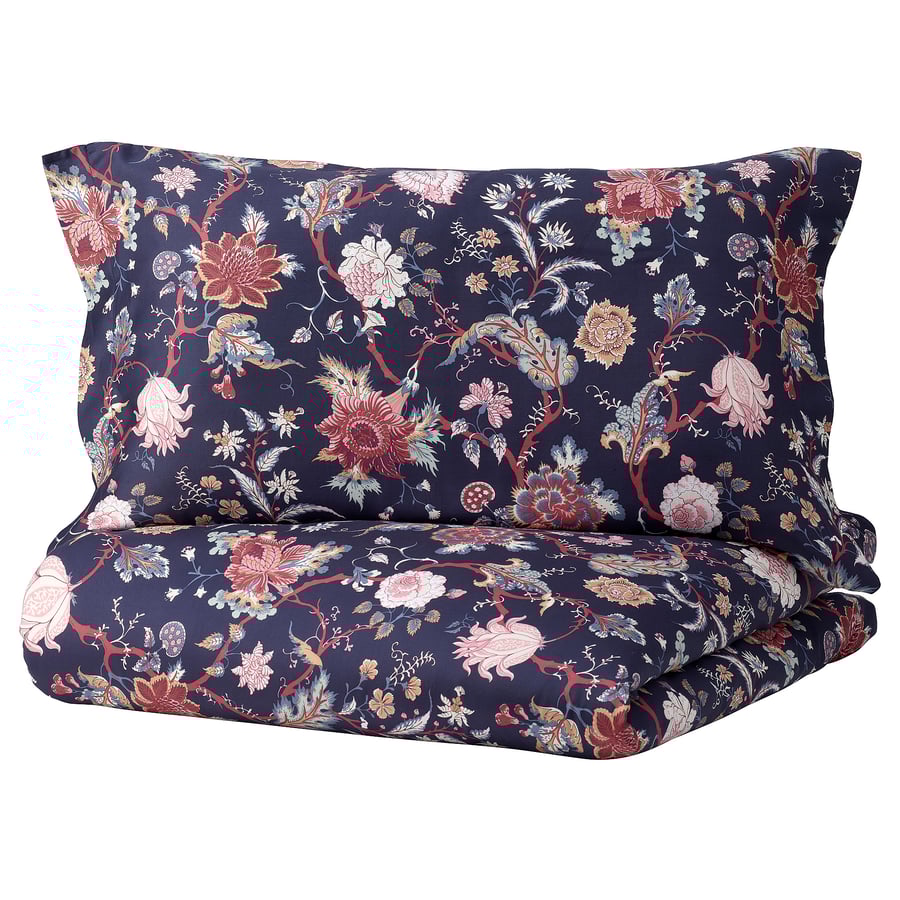 NÄSSELKLOCKA duvet cover and pillowcase(s), dark blue/multicolor, Full