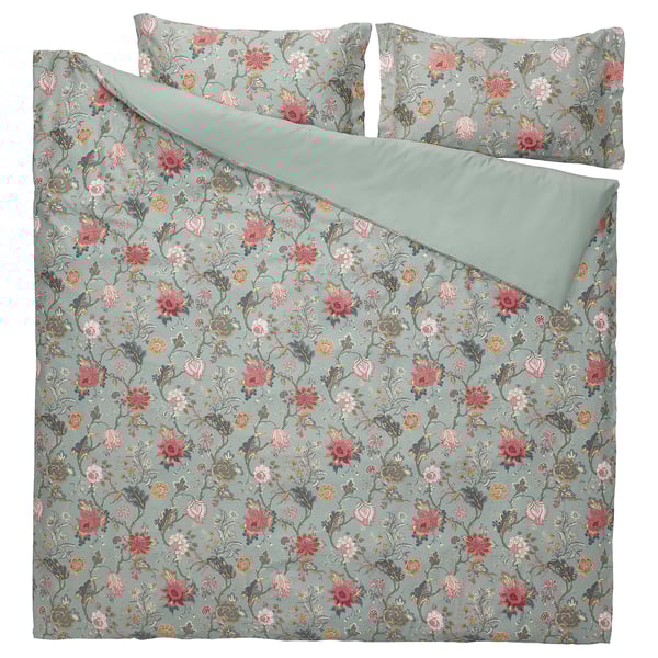 NÄSSELKLOCKA duvet cover and pillowcase(s), light graygreen/multicolor