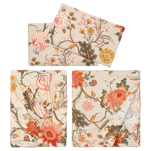 Three beige floral bedding sheets, rectangular, with colourful flowers and green leaves. Soft cotton-viscose blend fabric. NÄSSELKLOCKA design.