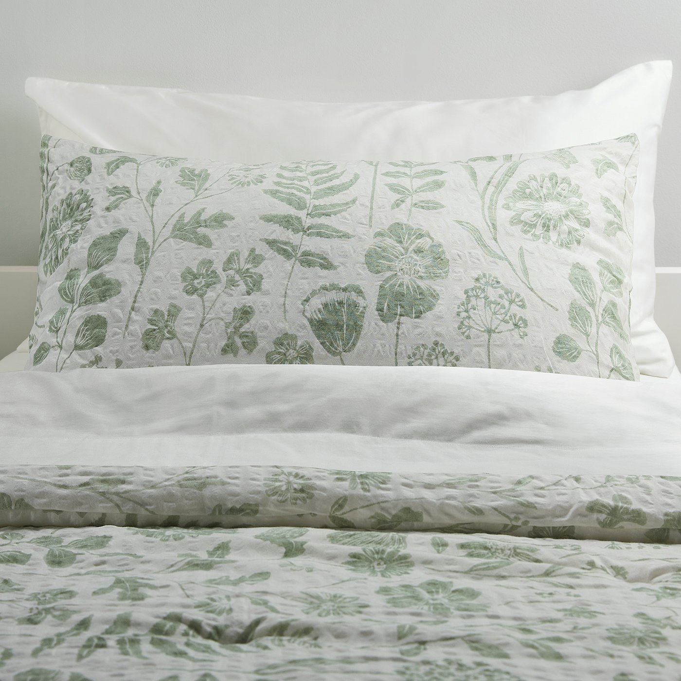 Comforter Set, White Gray-Green/Floral Pattern