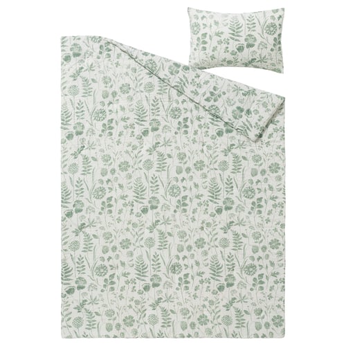 NÅLBJÖRNBÄR floral comforter; sage green & white, cotton-blend, rectangular with pillow sham, wavy texture.
