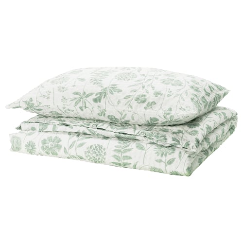 NÅLBJÖRNBÄR duvet set - white with green flowers, cotton/viscose blend, includes 1 cover and 1 pillowcase with seersucker texture.