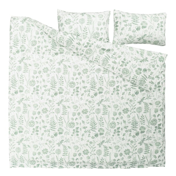 NÅLBJÖRNBÄR duvet set: light green floral pattern on white, cotton-viscose blend, rectangular shape, seersucker texture.