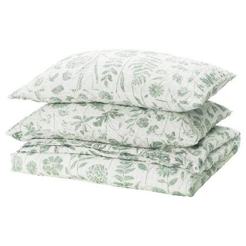 Green & white NÅLBJÖRNBÄR floral bedding set - duvet & pillowcases, seersucker texture, 50% viscose/rayon, 50% cotton