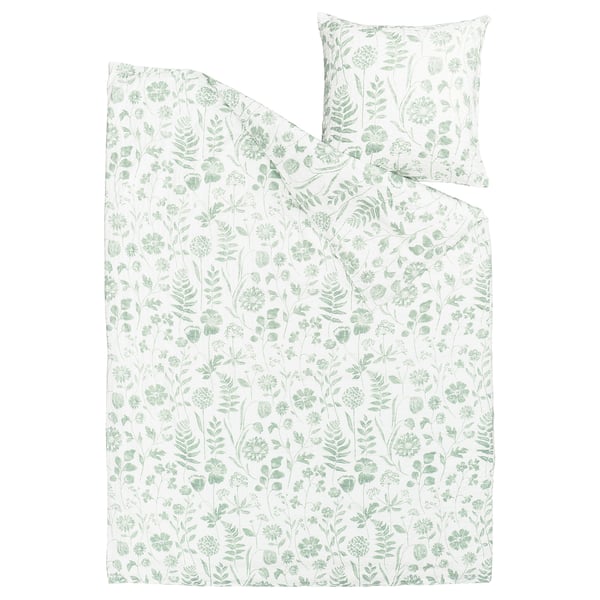 Image NÅLBJÖRNBÄR green floral bedding set with white background, cotton/viscose blend, light sheen, seersucker texture, duvet and pillowcase.