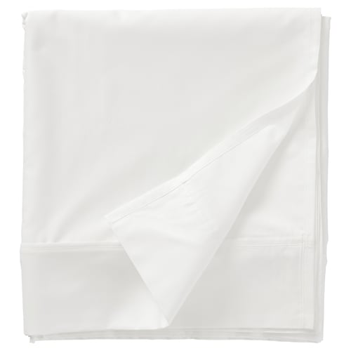 The NATTJASMIN white sheet is silky, sateen-woven from cotton and lyocell, rectangular with a folded hem.