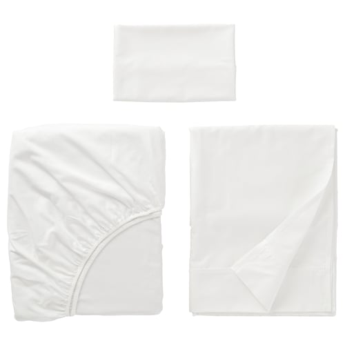 All-white bedsheet set: flat, fitted sheet, and pillowcase. Soft, sateen-woven fabric with cotton and lyocell blend.