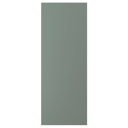 A NICKEBO grey-green kitchen cabinet panel with a modern design. Its rectangular and made from particleboard and plastic materials.