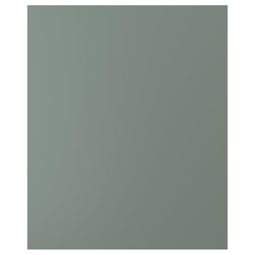 This image shows a NICKEBO kitchen cabinet front in grey-green with a modern, uniform look, made from particleboard and plastic edging.
